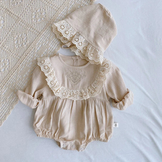 Infant Baby Girl Bodysuits+Hat Cotton Flower Embroidery Long Sleeve