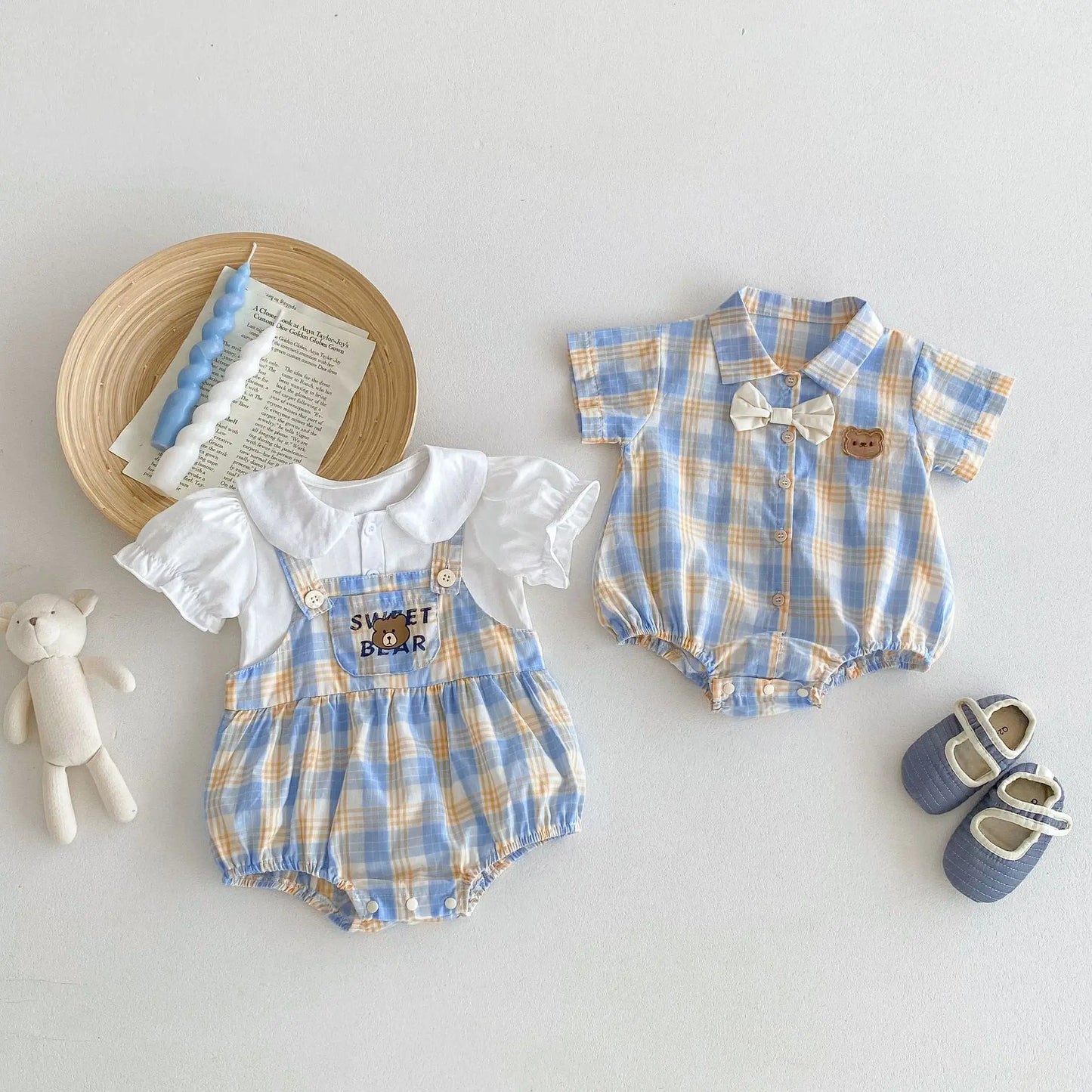 Cute Plaid Embroidery Bear Infant Short Sleeve Outfit